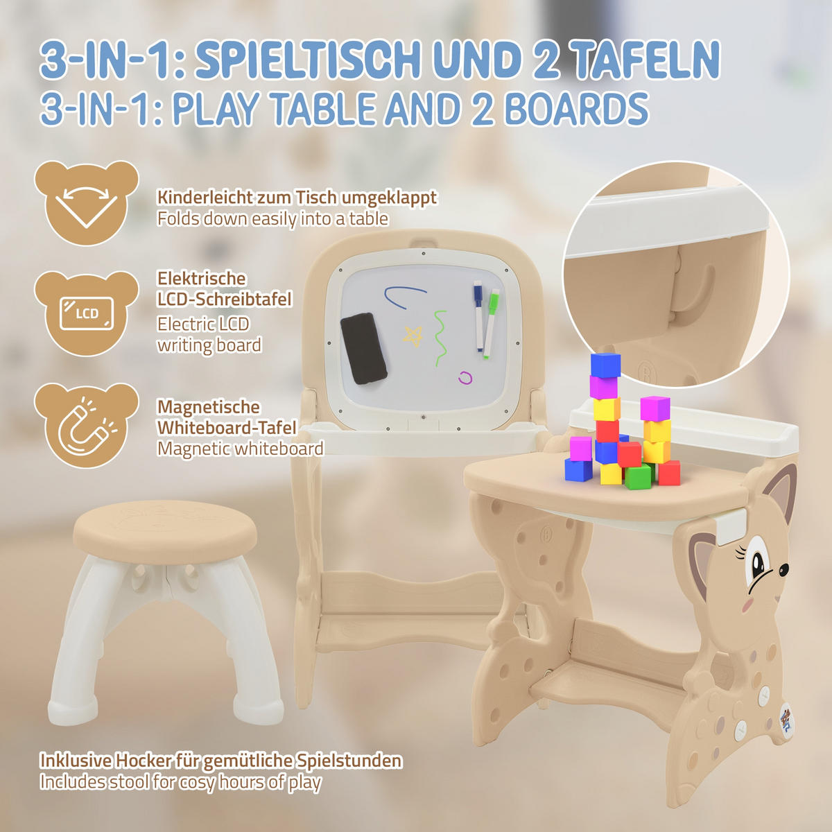 HRACÍ STŮL hnědý s LCD tabulí, dětská stolička a příslušenství - hnědá, plast (41/76/45cm) - Joyz