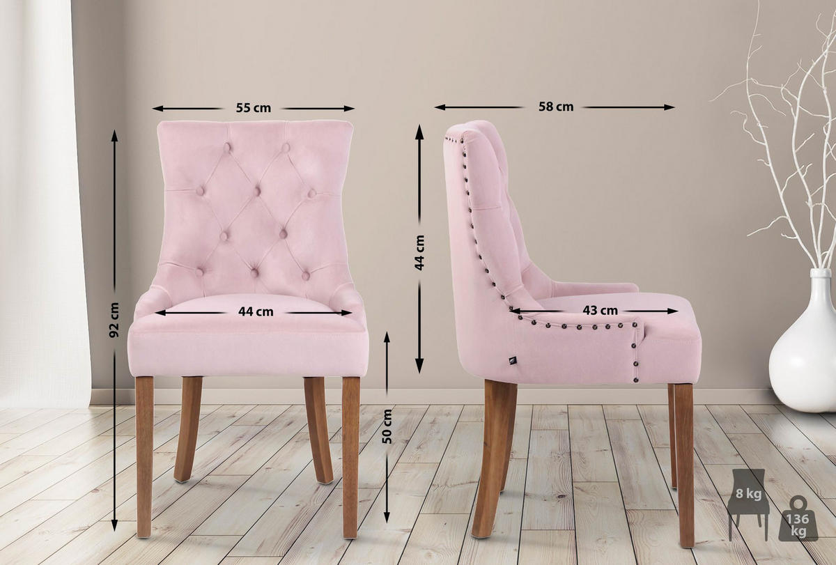 STUHL Samt pink - Pink/Naturfarben, Holz/Textil (55/92/58cm) - CLP