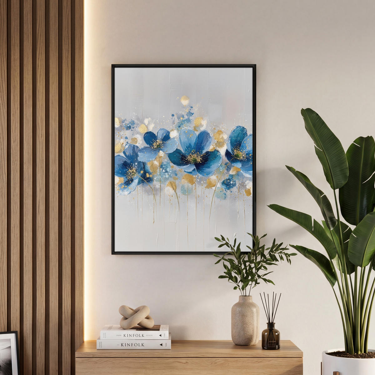 LEINWAND Bilder mit Rahmen - Blumen - Blau - Abstrakt - 60x80 - Hellgrau, Textil (60/80cm) - MuchoWow