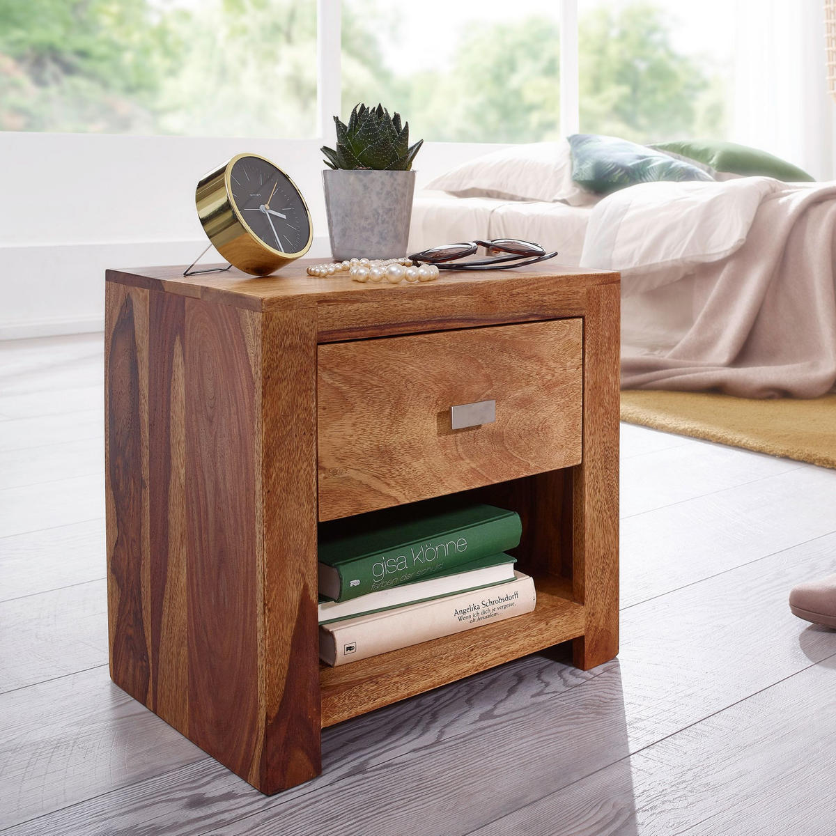 NACHTTISCH – Massivholz, Landhausstil, Ablage & Schublade, Griff verchromt - Braun, Holz/Metall (40/40/30cm) - KADIMA DESIGN