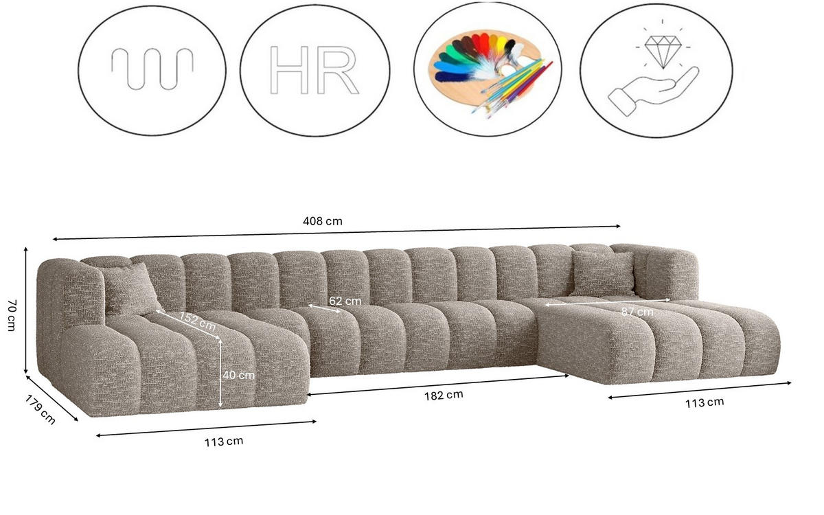 ECKSOFA U-form Grand U XL Stoff Haga Hellgrau - Hellgrau, Holz (179/408cm) - Kaiser Möbel