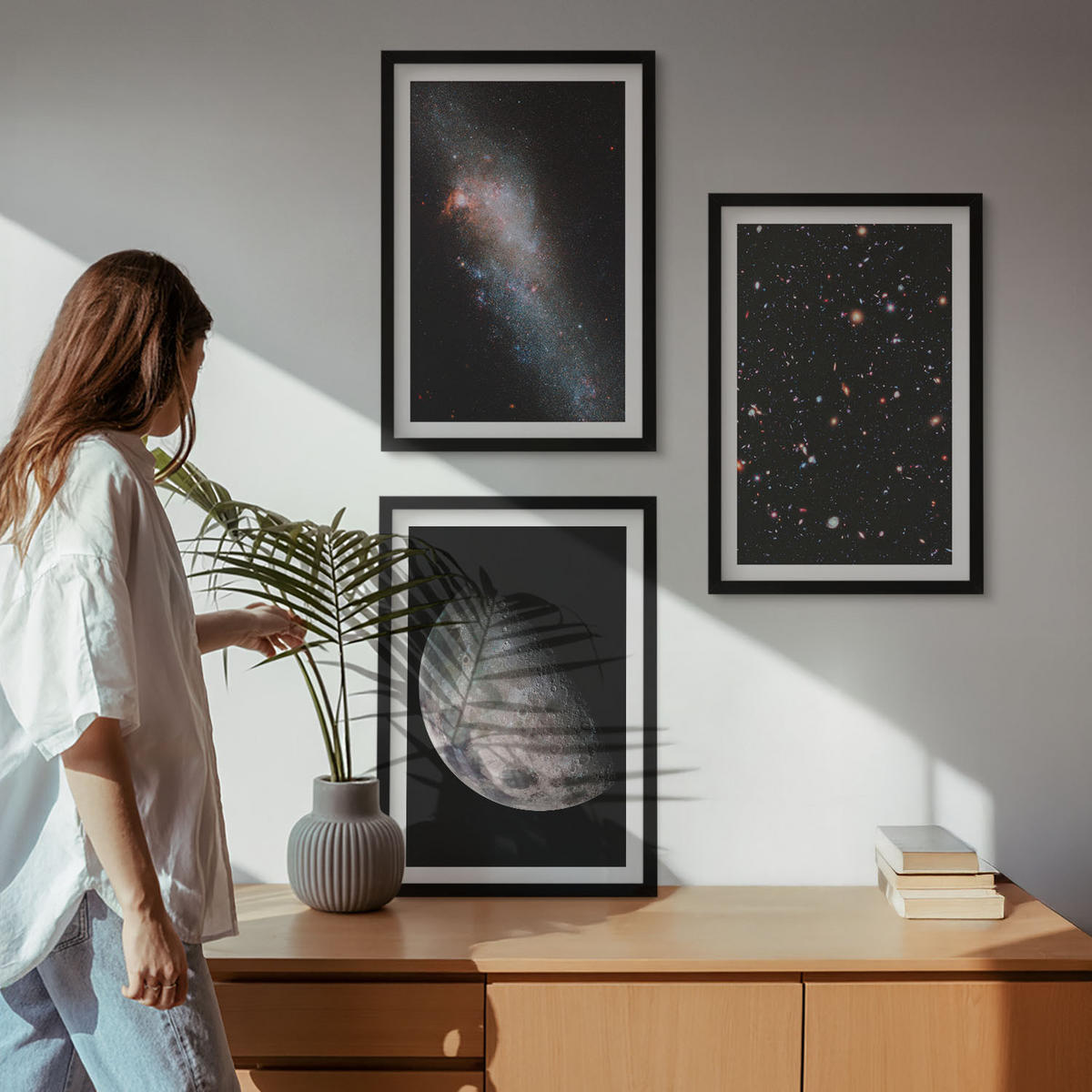 BILDER SET 3er Set - 40x60 cm Schwarzer Rahmen - Weltraum Galaxien Sterne Mond - Schwarz, Kunststoff (40/60cm) - TULUP