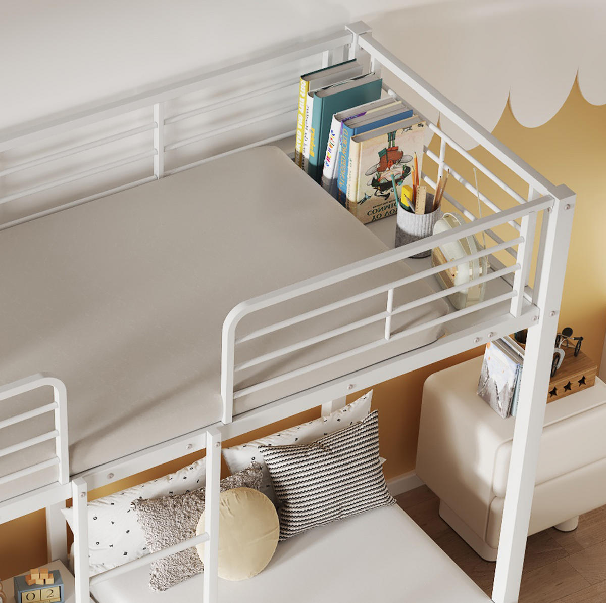 ETAGENBETT 90/200 cm in Weiß aus Metall mit Leiter und Tisch für 3 Personen - Weiß, Metall (90/200cm) - BEAOK