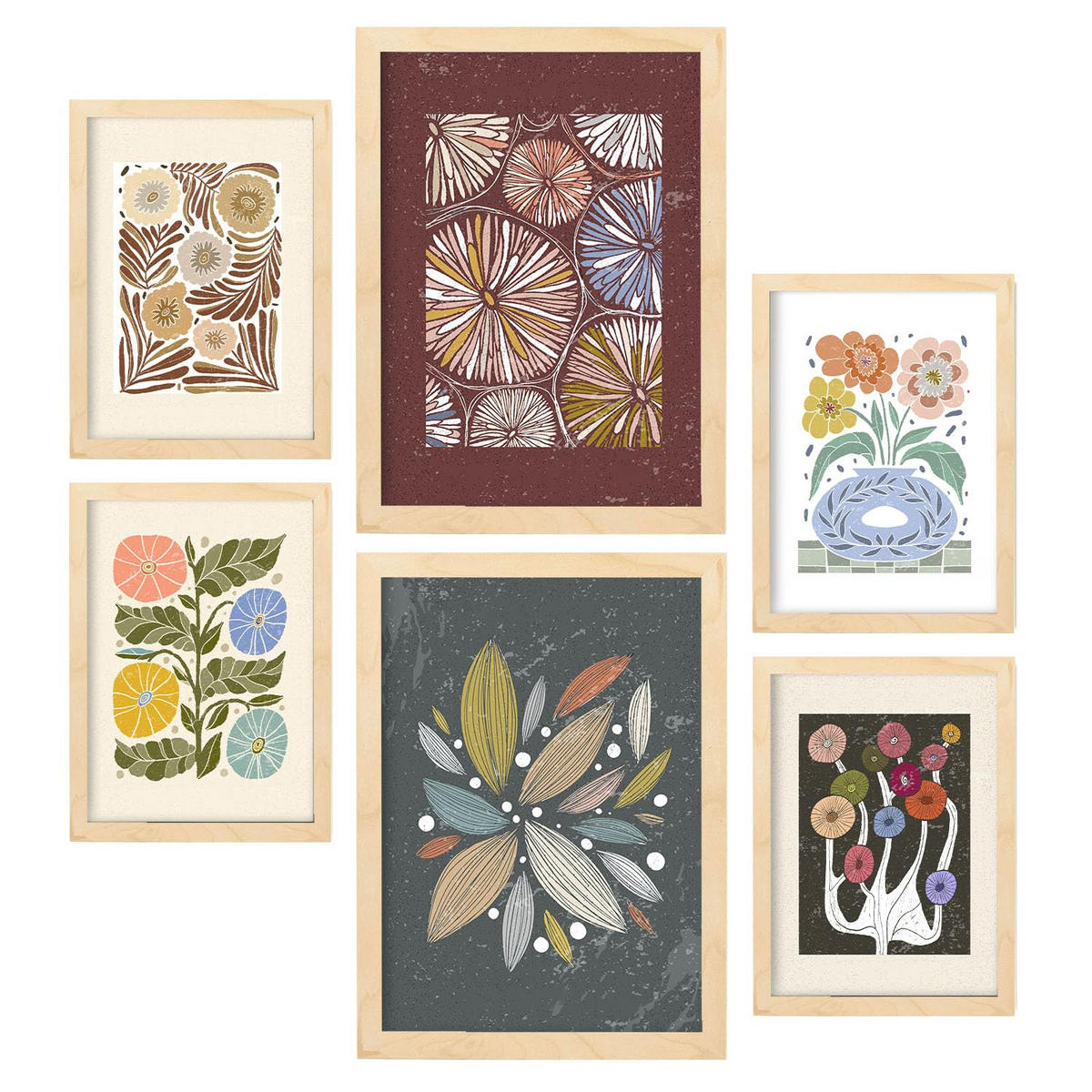 POSTER Set Mit 6 Drucken Von Blumen Im Ethnischen Drucke Sammlung Ästhetische Dekorative Für Zuhause Wandkunstdruck A3 & A4 Rahmen Aus Hellem Holz - Beige, Papier (29/3cm) - Nacnic