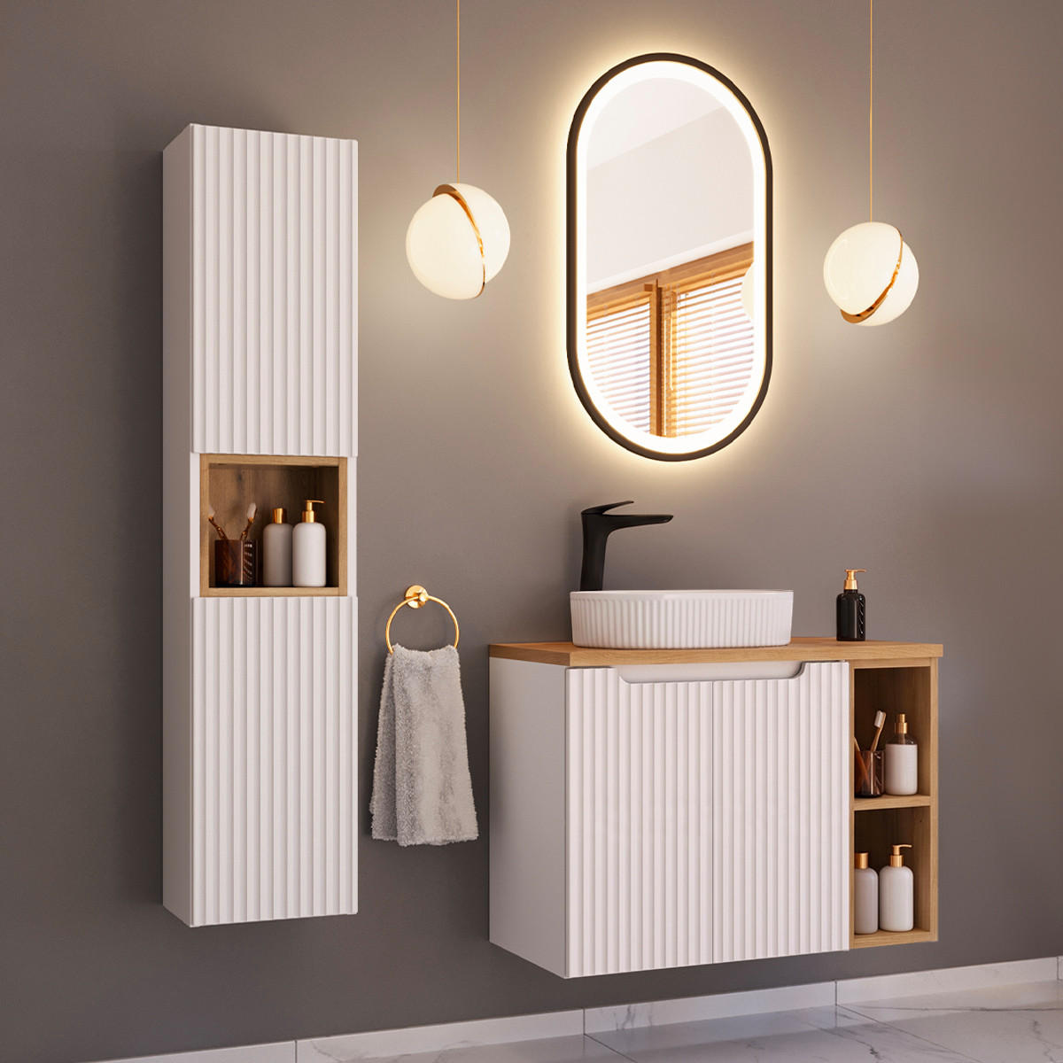 KOUPELNOVÝ NÁBYTEK 80.4cm Riva 2er-Set Bílá a dřevo - bílá, kompozitní dřevo (80.4/59.5/40cm) - Petits-meubles