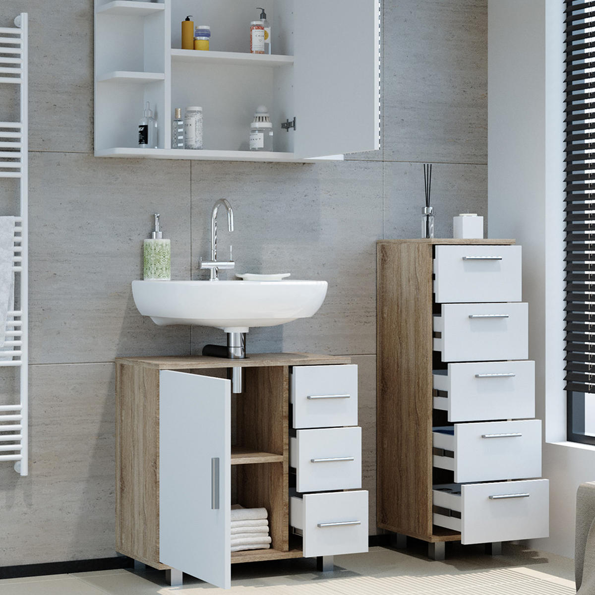 BADMÖBEL-SET Ilias Sonoma 3 Teile, mit Midischrank - Weiß/Sonoma Eiche, Holzwerkstoff (60/60.8/33cm) - Vicco