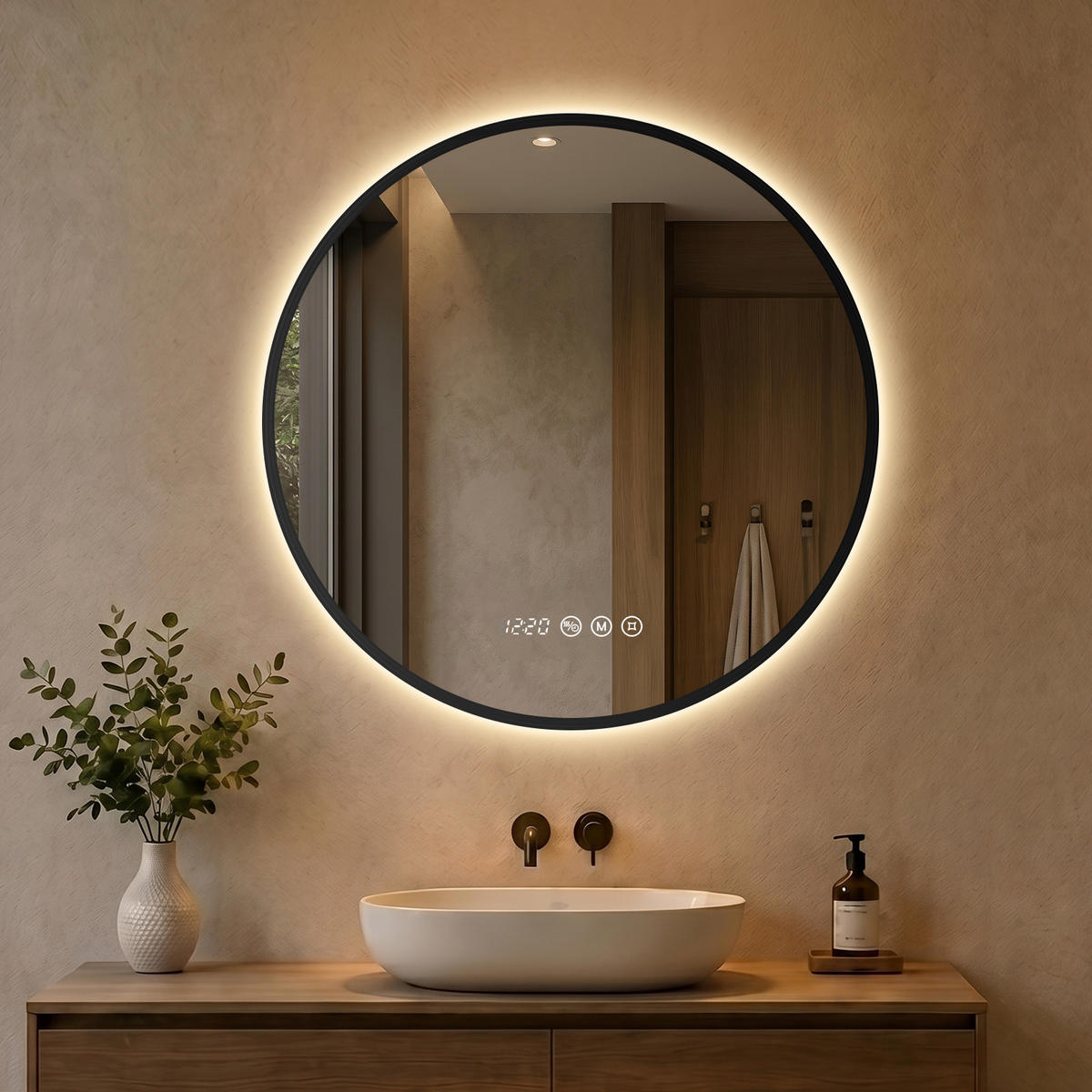 BADSPIEGEL mit Beleuchtung 60 cm rund schwarz mit Aluminiumrahmen, LED dimmbar und Antibeschlag - Schwarz, Glas (60/60/3.3cm) - S'AFIELINA