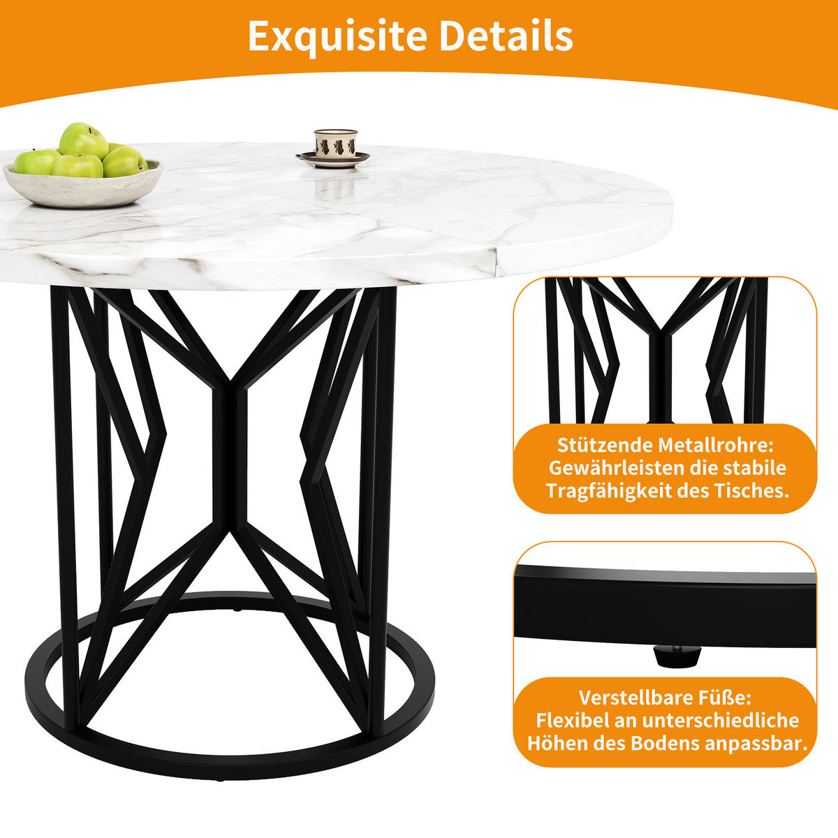 ESSTISCH 100x100x76 cm in Weiß und Gold aus MDF mit Marmoroptik auf schwarzem Metallgestell - Schwarz, Holzwerkstoff (100/100/76cm) - Modfu