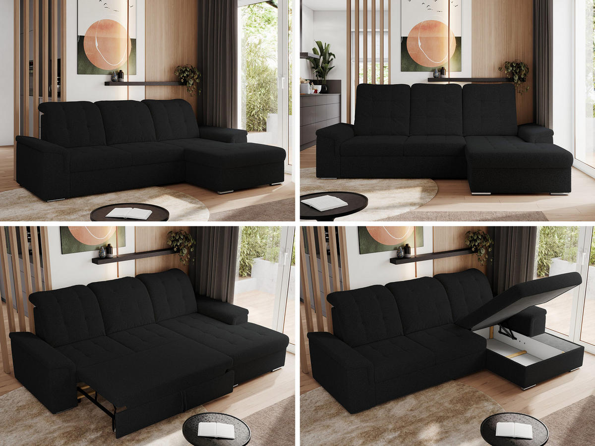 ECKSOFA MADRITO L - Schwarz Boucle - Rechts - Silberfarben/Schwarz, Textil/Metall (256/160cm)