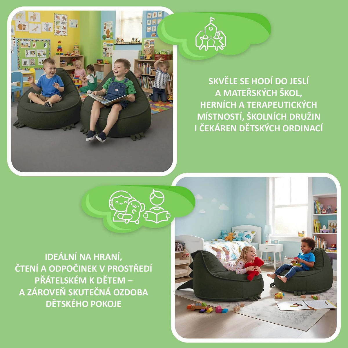SITZSACK FÜR KINDER Dino 75/75/55 cm, weicher Bouclé 315 g/m², abnehmbarer Bezug, Forest Whisper - Dunkelgrün, Textil (75/55/75cm) - Dreamroots