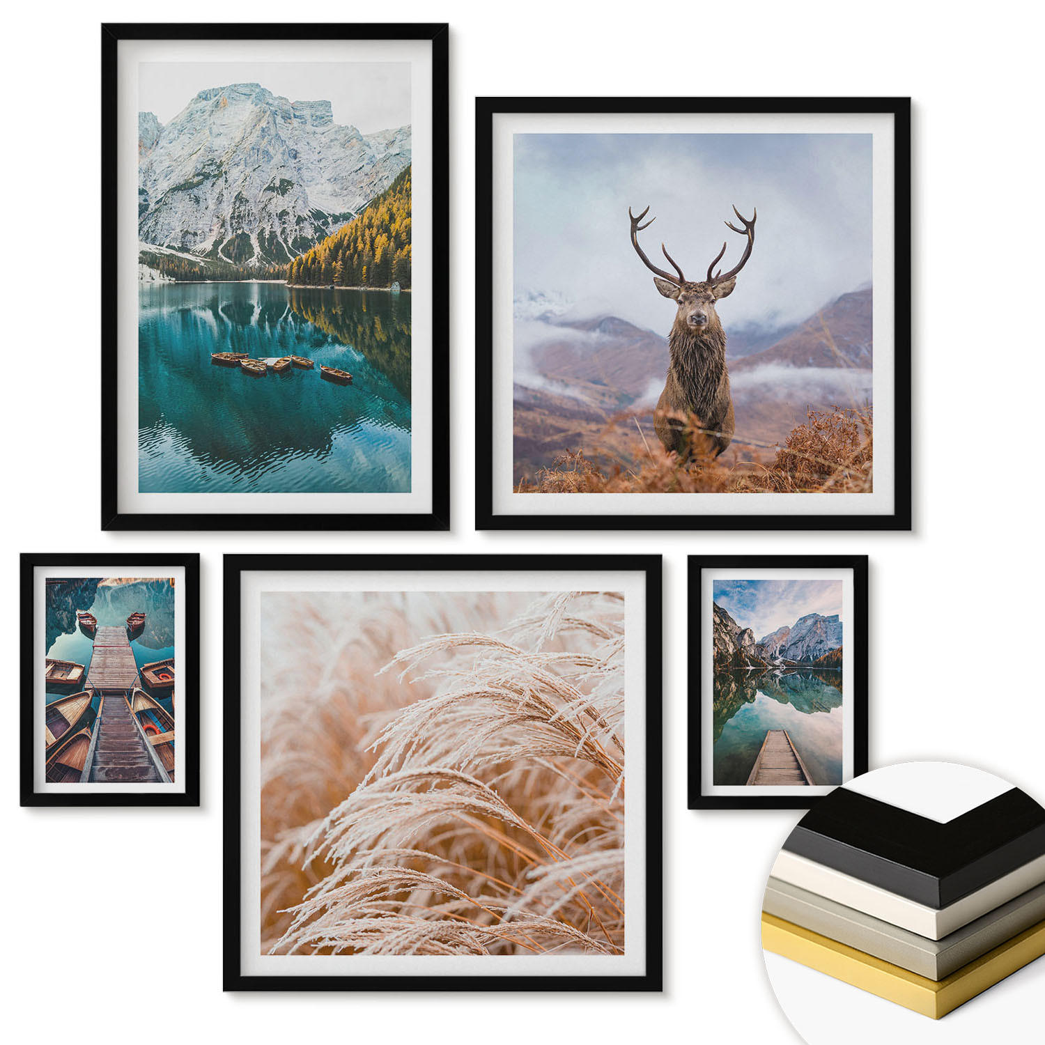 WANDBILDER 5er-Set - 50x50 cm & 20x30 cm & 40x60 cm Schwarzer Rahmen - Architektur der Kanäle von Venedig - Schwarz, Kunststoff (40/60cm) - ArtPrintCave