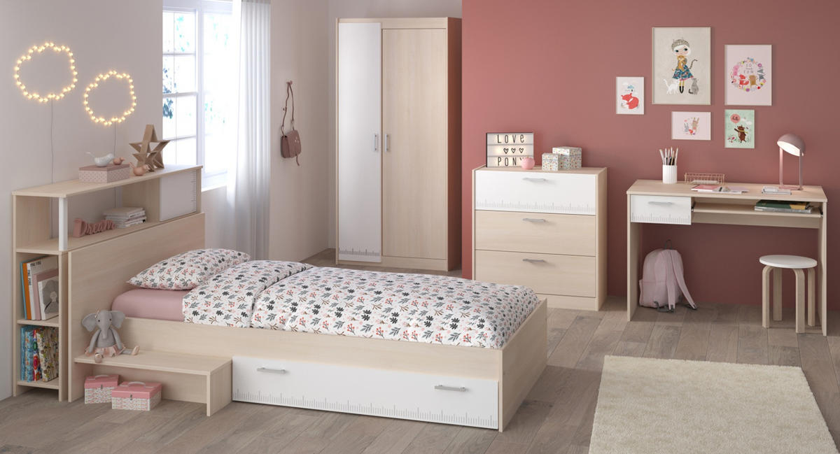 KINDERZIMMER-SET 5-teilig Akazie, weiß, Komplettset mit viel Stauraum - Eichefarben/Silberfarben, Holzwerkstoff/Kunststoff (123/180/203cm) - Parisot Meuble