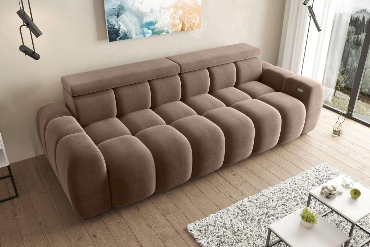 BIGSOFA ALESSIO Velours Taupe mit elektrischer Sitztiefenverstellung - Taupe, Kunststoff/Textil (248/77/108cm) - 99rooms