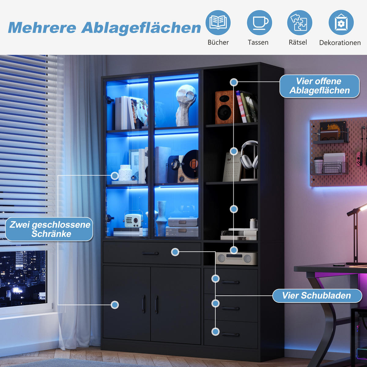 VITRINE in Schwarz Hochschrank mit Glasvitrine, Schubladen und LED, 120/35/200cm, für Esszimmer und Wohnzimmer - Transparent/Schwarz, Glas/Holzwerkstoff (120/200/35cm) - STILVORA