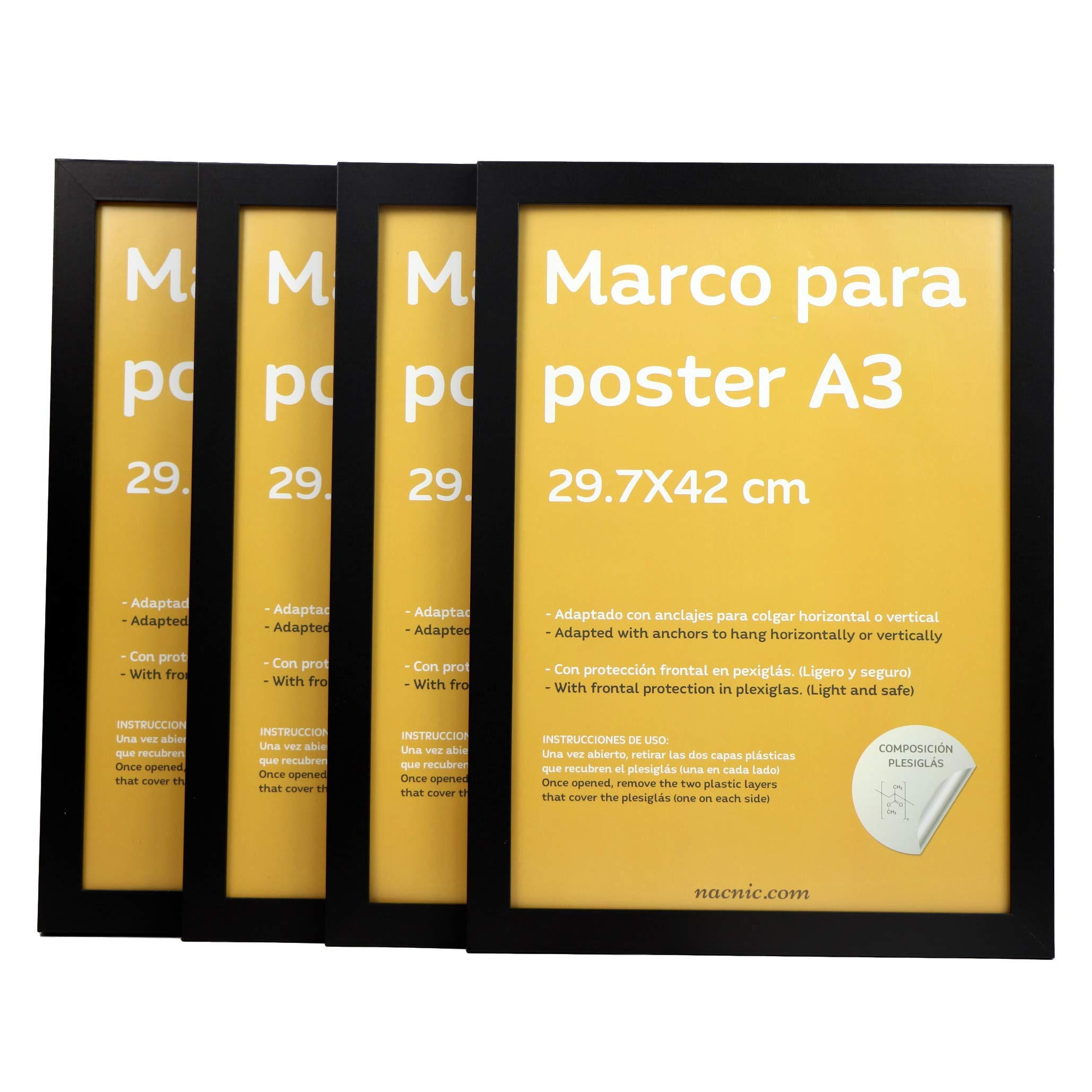 RAHMEN Set mit 4 aus MDF und Acrylglas Schutz und Aussteller für Fotografien, Bilder, Poster, Gemälde, Dekoration für Haus Farbe Schwarz A3 - Schwarz, Holz (29.7/3/42cm) - Nacnic
