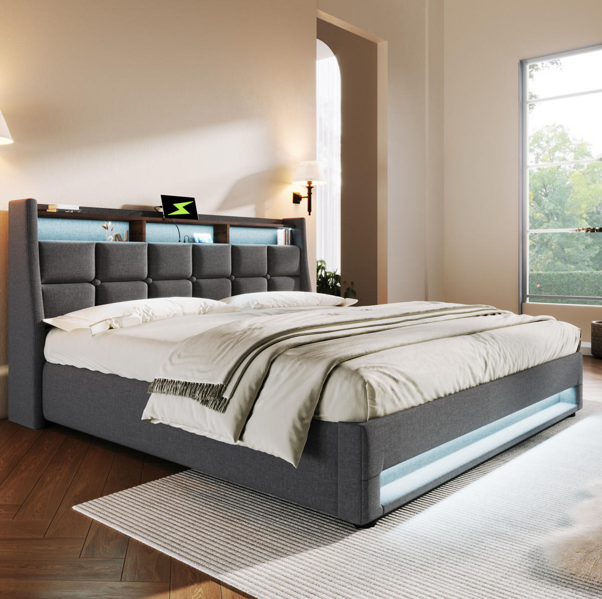 POLSTERBETT 140/200 cm grau mit USB-Anschluss und LED-Beleuchtung - Grau, Textil (140/200cm) - OKWISH