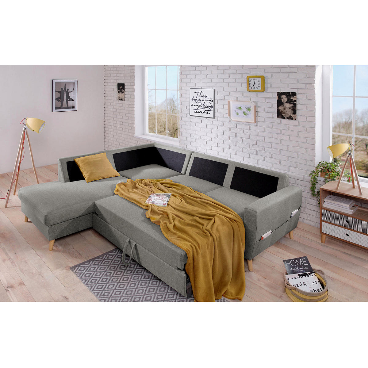 ECKSOFA mit Ottomane - Webstoff - Hellbraun/Grau, Holz/Textil (230/200cm) - home24