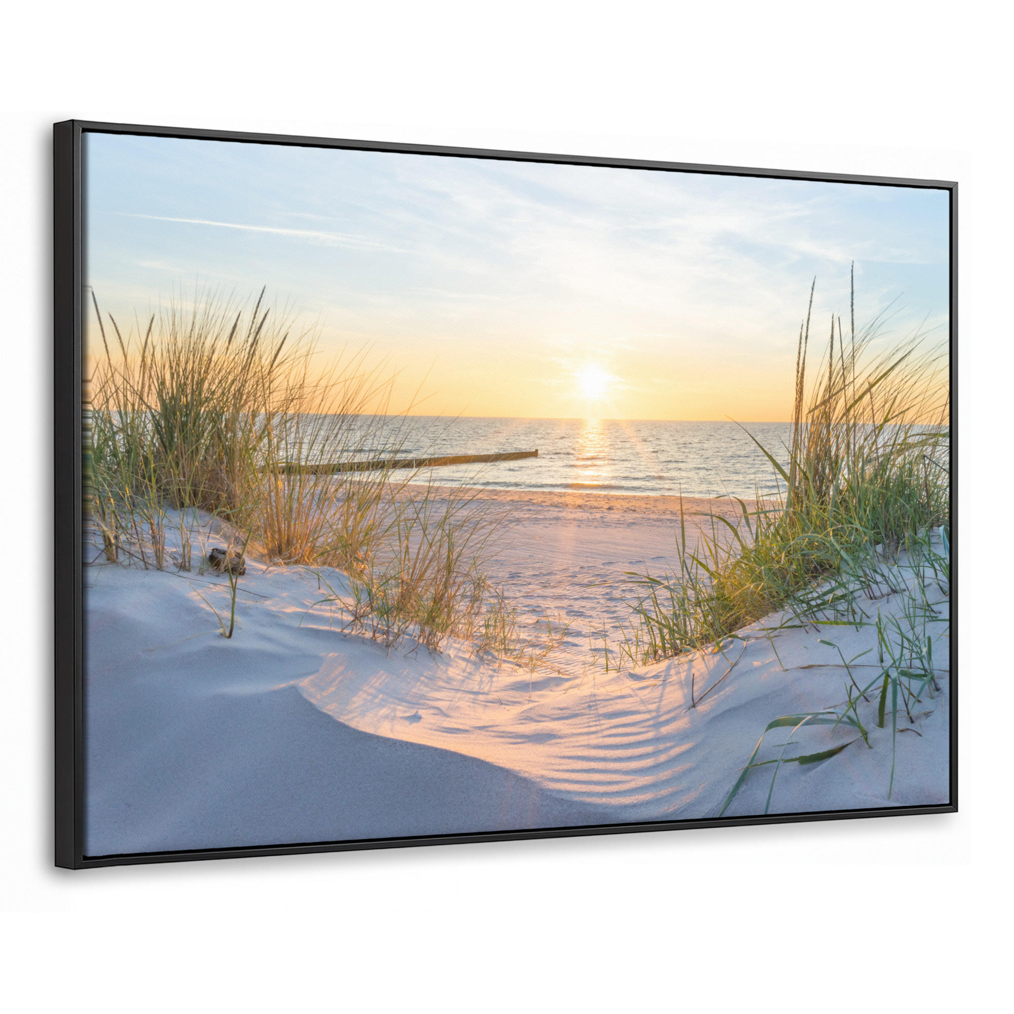 LEINWAND Bilder mit Rahmen - Strand - Sonne - Düne - Gras - Sand - Horizont - 150x100 - Hellblau, Textil (150/100cm) - MuchoWow