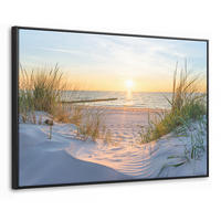 LEINWAND Bilder mit Rahmen - Strand - Sonne - Düne - Gras - Sand - Horizont - 150x100 - Hellblau, Textil (150/100cm) - MuchoWow