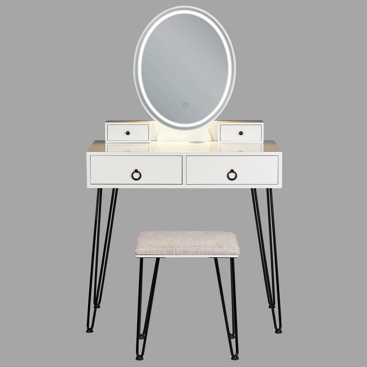 SCHMINKTISCH mit ovalem LED-Spiegel Hocker 4 Schubladen USB-Port weiß/schwarz Soye - Schwarz/Weiß, Holzwerkstoff (80/136/40cm) - Beliani