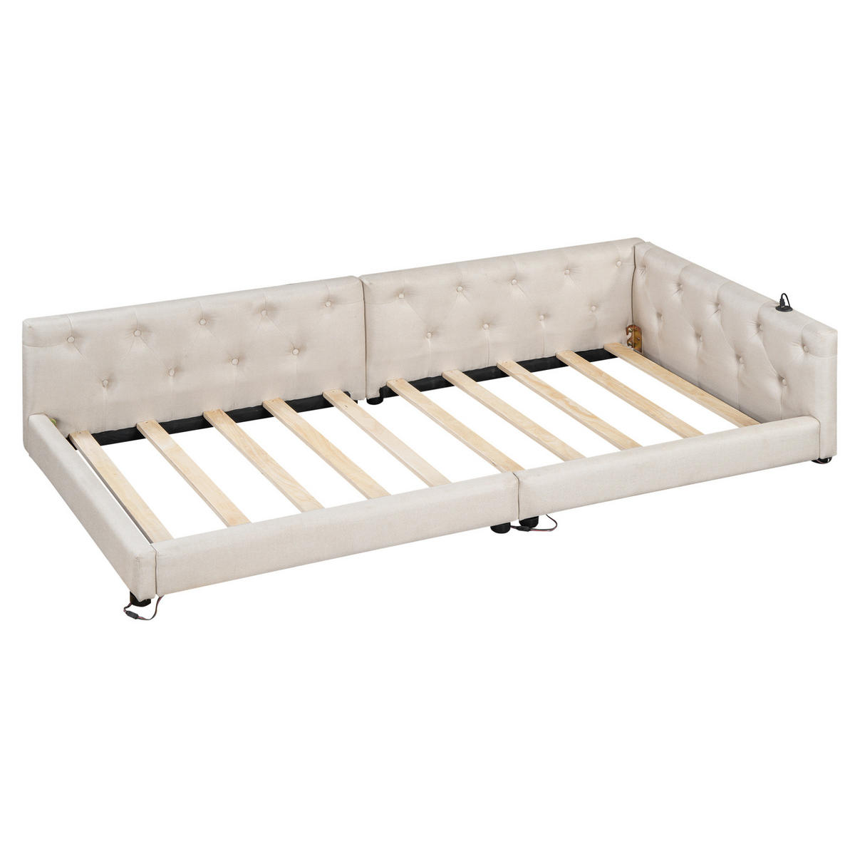 POLSTERBETT 90/200 cm mit Lattenrost, LED-Beleuchtung, USB und Type-C, Knopfheftung, Leinenbezug, Beige - Beige, Textil (90/200cm) - Redom
