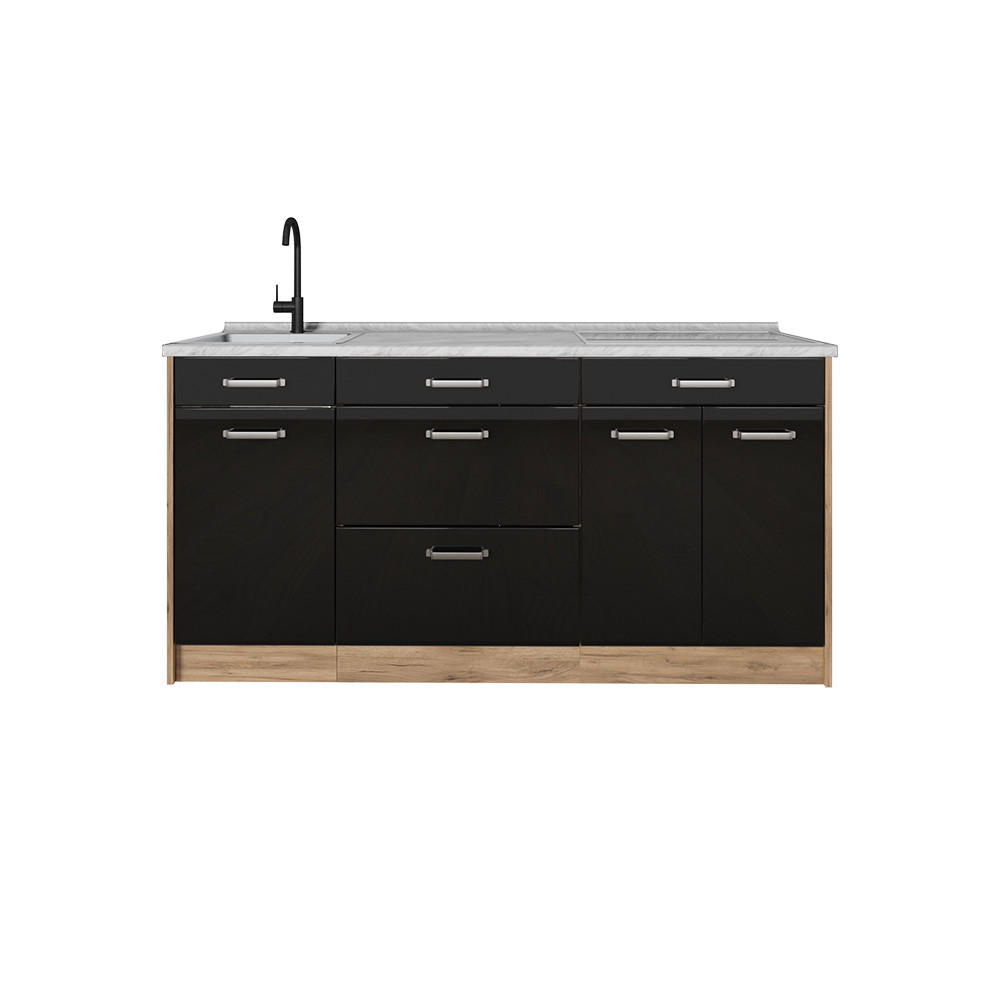 KÜCHENBLOCK R-Line, Schwarz Hochglanz/Goldkraft Eiche, 160 cm Arbeitsplatte Marmor - Schwarz Hochglanz/Eichefarben, Holzwerkstoff (160/81.6/60cm) - Vicco
