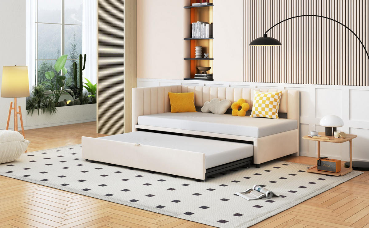 POLSTERBETT 90/200 cm Beige aus Samt mit Ausziehfunktion - Beige, Textil (90/180cm) - OKMYHOME