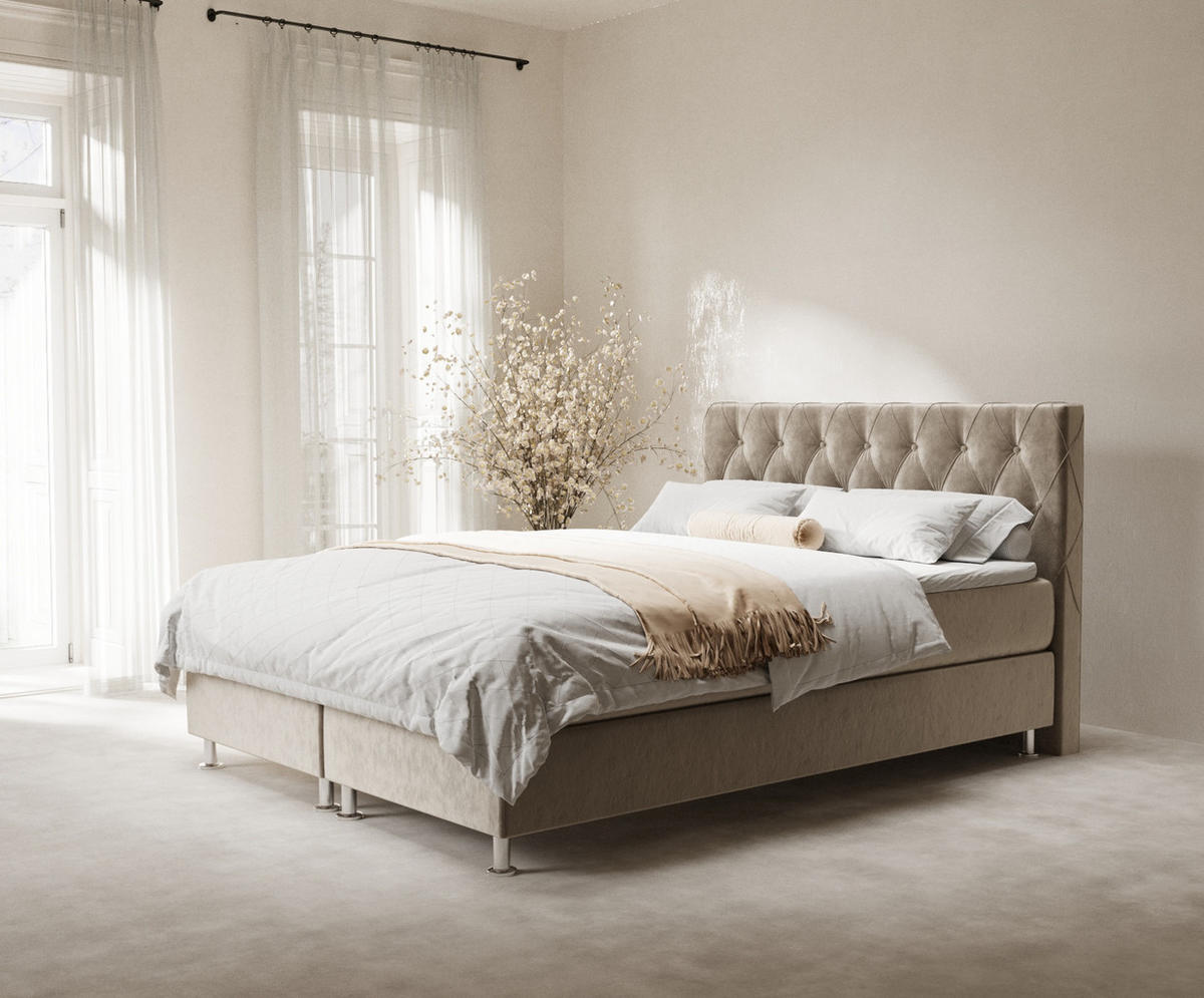BOXSPRINGBETT Otus Beige 180/200 cm mit Latex-Topper - Beige/Silberfarben, Holz/Holzwerkstoff (180/200cm) - Maison de Reve