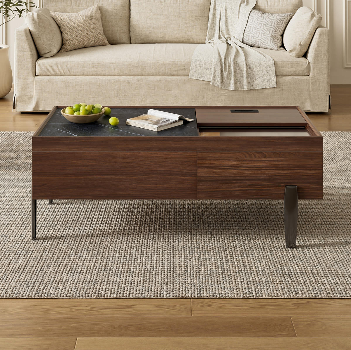 COUCHTISCH aus MDF und Glas 105x50x41,5 cm in Dunkelbraun mit Schubladen - Braun, Holzwerkstoff (105/50/41.5cm) - Modfu