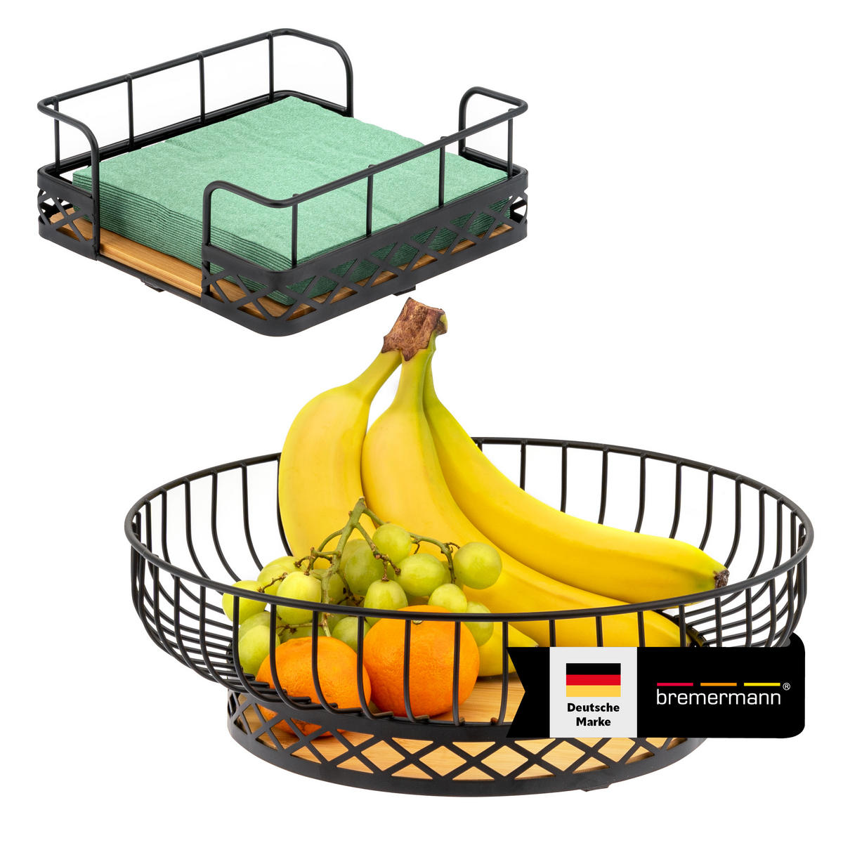 OBSTKORB mit Serviettenhalter, Bambus, Metall, schwarz - Schwarz, Metall (34/10.5cm) - bremermann