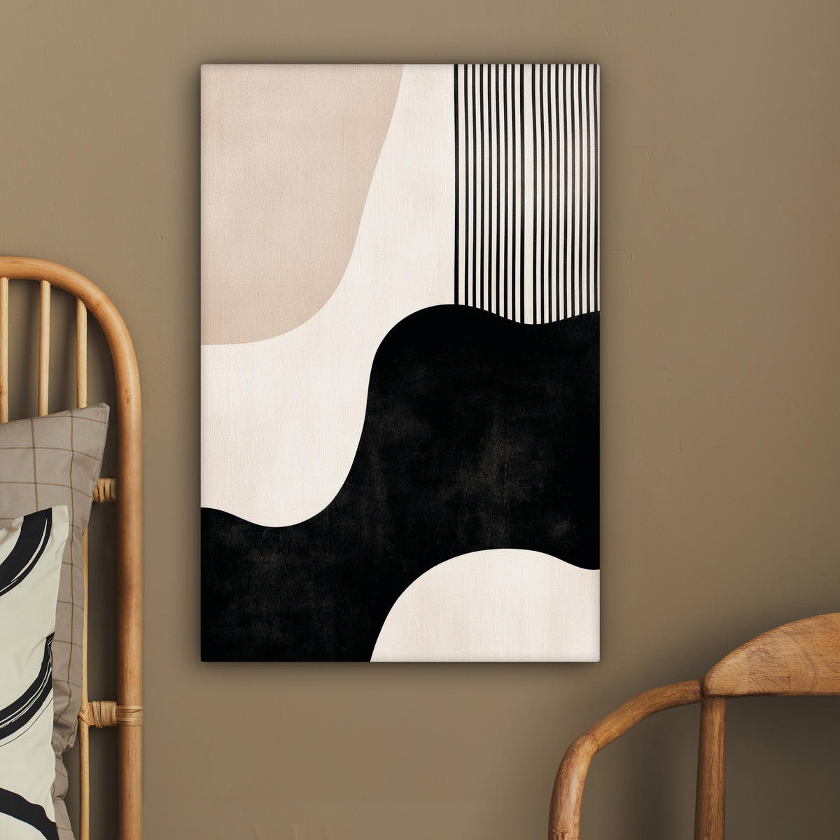 LEINWANDBILD Abstrakt - Japandi - Beige - Modern 40x60 cm - Schwarz, Textil (40/60cm) - MuchoWow