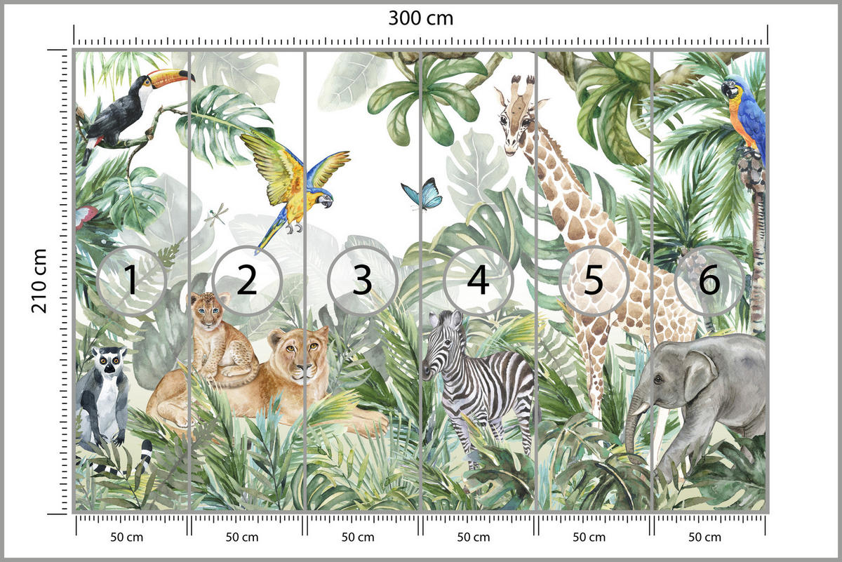 FOTOTAPETE für Kinderzimmer Tropen Dschungel Tiere Palmen Monstera 300x210 - Beige/Orange, Papier (300/210cm) - Muralo