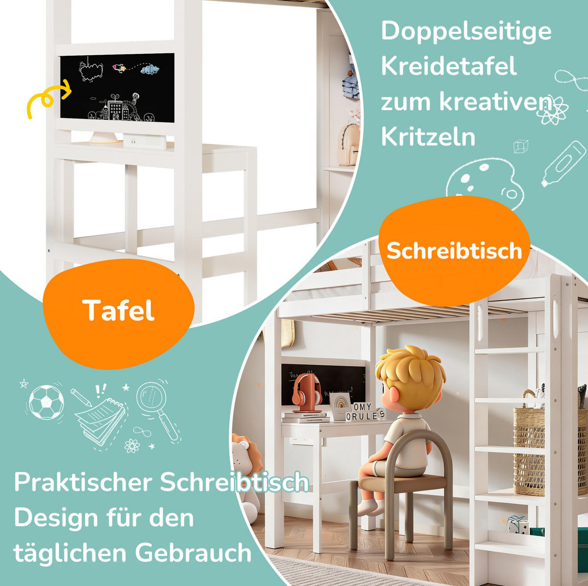 HOCHBETT 90/200 cm Weiß aus Holz mit Schreibtisch und Kleiderschrank - Weiß, Holzwerkstoff (90/200cm) - OKMYHOME