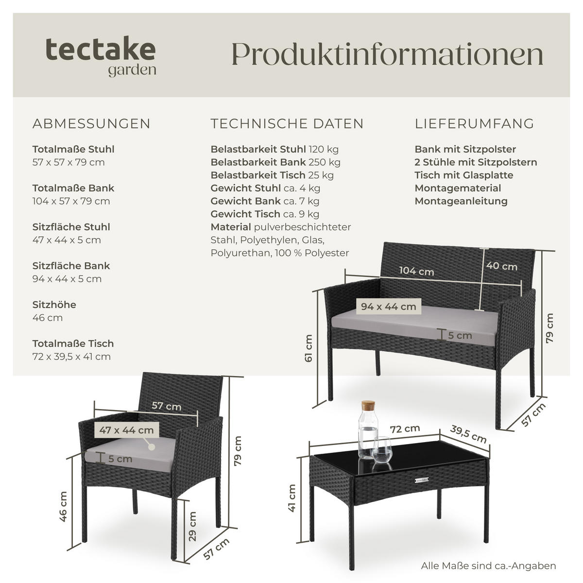 RATTAN GARTENSET Palese,Sofa 250 kg, je Sessel 120 kg,schwarz - Schwarz, Kunststoff - tectake