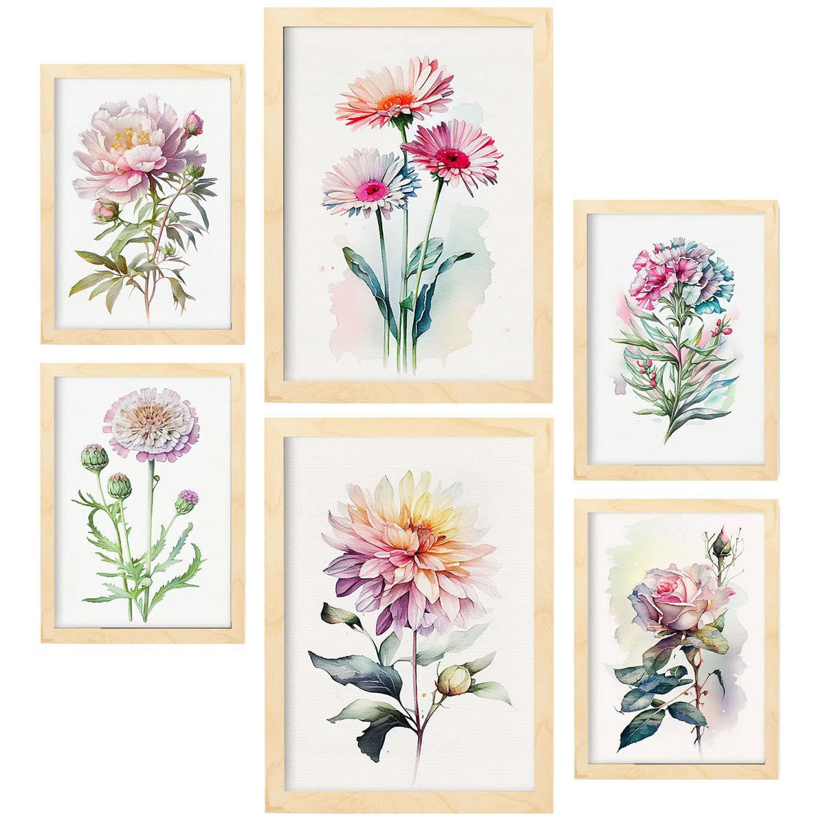 POSTER Set Mit 6 Rosen Größe A3 & A4 Rahmen aus hellem Holz - Beige, Papier (29.7/1cm) - Nacnic