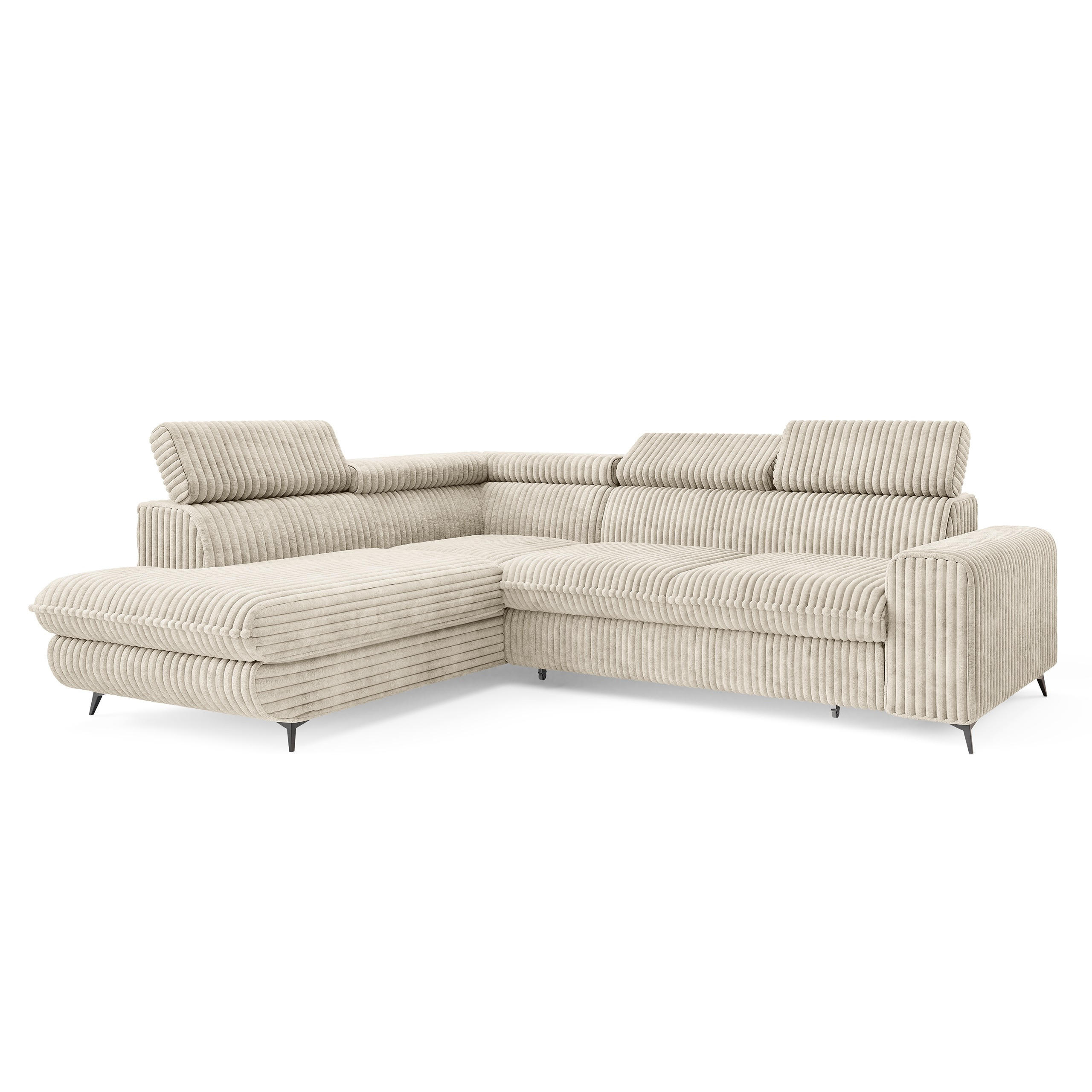 ECKSOFA VELISS Creme Kordstoff mit Schlaffunktion - Creme, Holz (255/193cm) - MASSENO