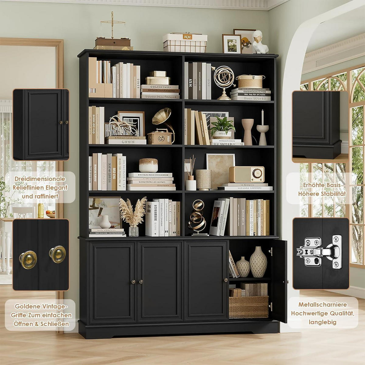 BÜCHERREGAL mit Türen Schwarz 185 x 27 x 120 cm - Schwarz, Holzwerkstoff (120/185/27cm)