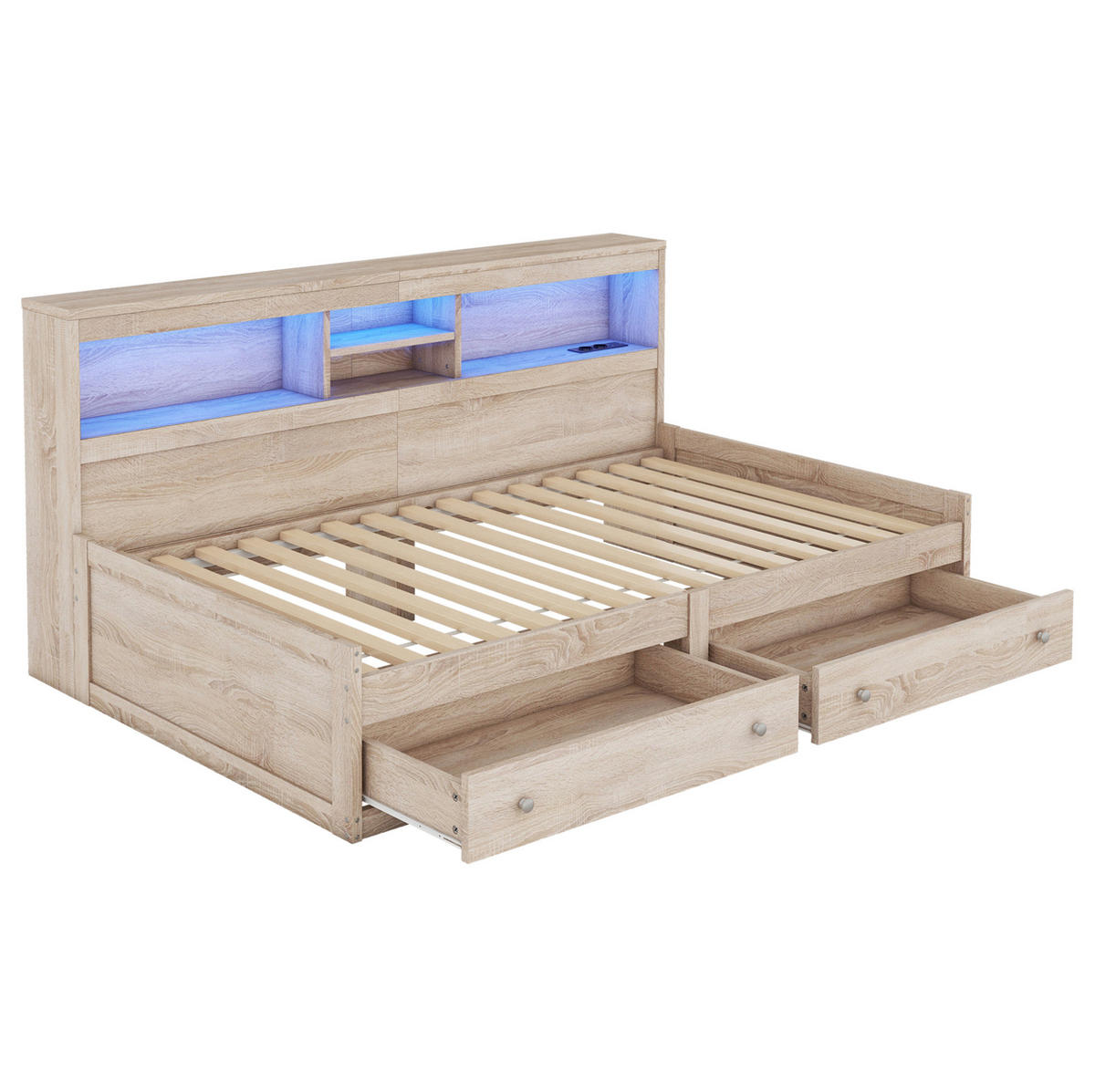 KINDERBETT 90/200 cm in Natur mit USB-Anschlüssen, LED-Licht und 2 Schubladen - Naturfarben, Holzwerkstoff (90/200cm) - BEAOK
