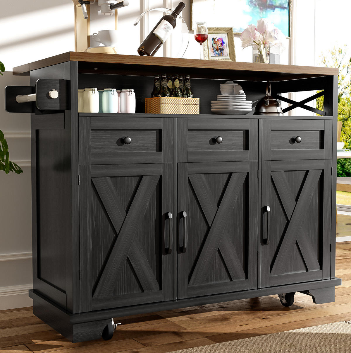 KÜCHENINSEL mit Klappseite 118 cm Schwarz MDF/Metall - Schwarz, Metall (43/98/118cm) - Beauniv