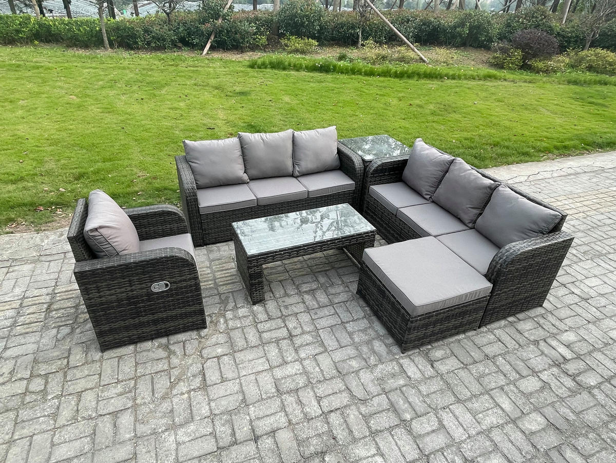 GARTENSOFA SET mit rechteckigem COUCHTISCH Polyrattan 8-Sitzer Dunkelgrau - Dunkelgrau/Grau, Glas/Kunststoff - Fimous