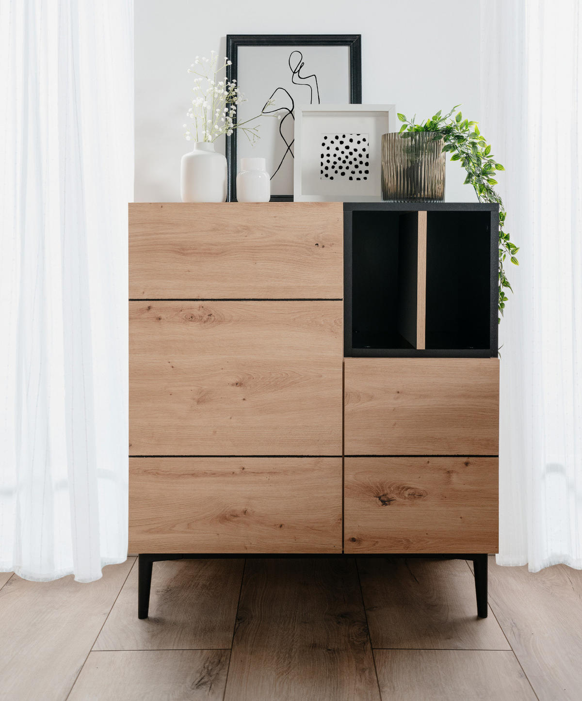 KOMMODE Eiche Artisan, schwarz 80 cm, Anrichte 2-türig mit 7 Fächern - Schwarz/Eiche Artisan, Holzwerkstoff (80/90/42cm) - Furn.Design