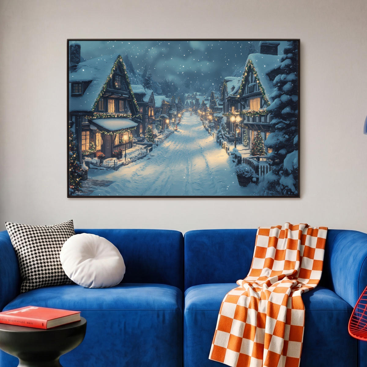 LEINWAND Bilder mit Rahmen - Weihnachtsdorf - Weihnachten - Schnee - Winter - 90x60 - Dunkelblau, Textil (90/60cm) - MuchoWow