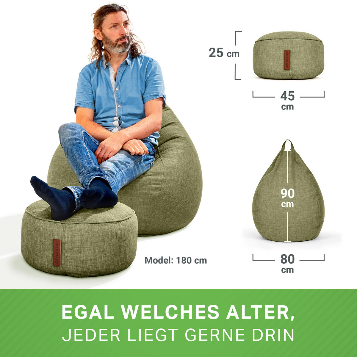SITZSACK Indoor Set "Home Linen“+Hocker - Grün, Textil (80/90/50cm) - Green Bean