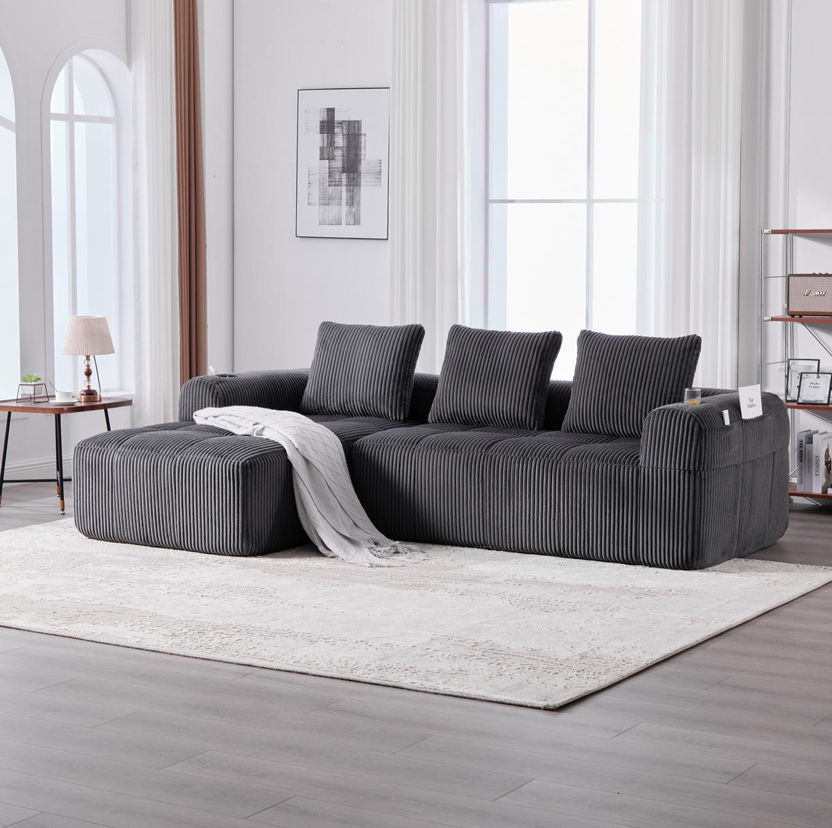 ECKSOFA aus Cord 253x158x61 cm in Dunkelgrau mit Seitenfach & Becherhalter - Dunkelgrau, Textil (158/253cm) - Modfu