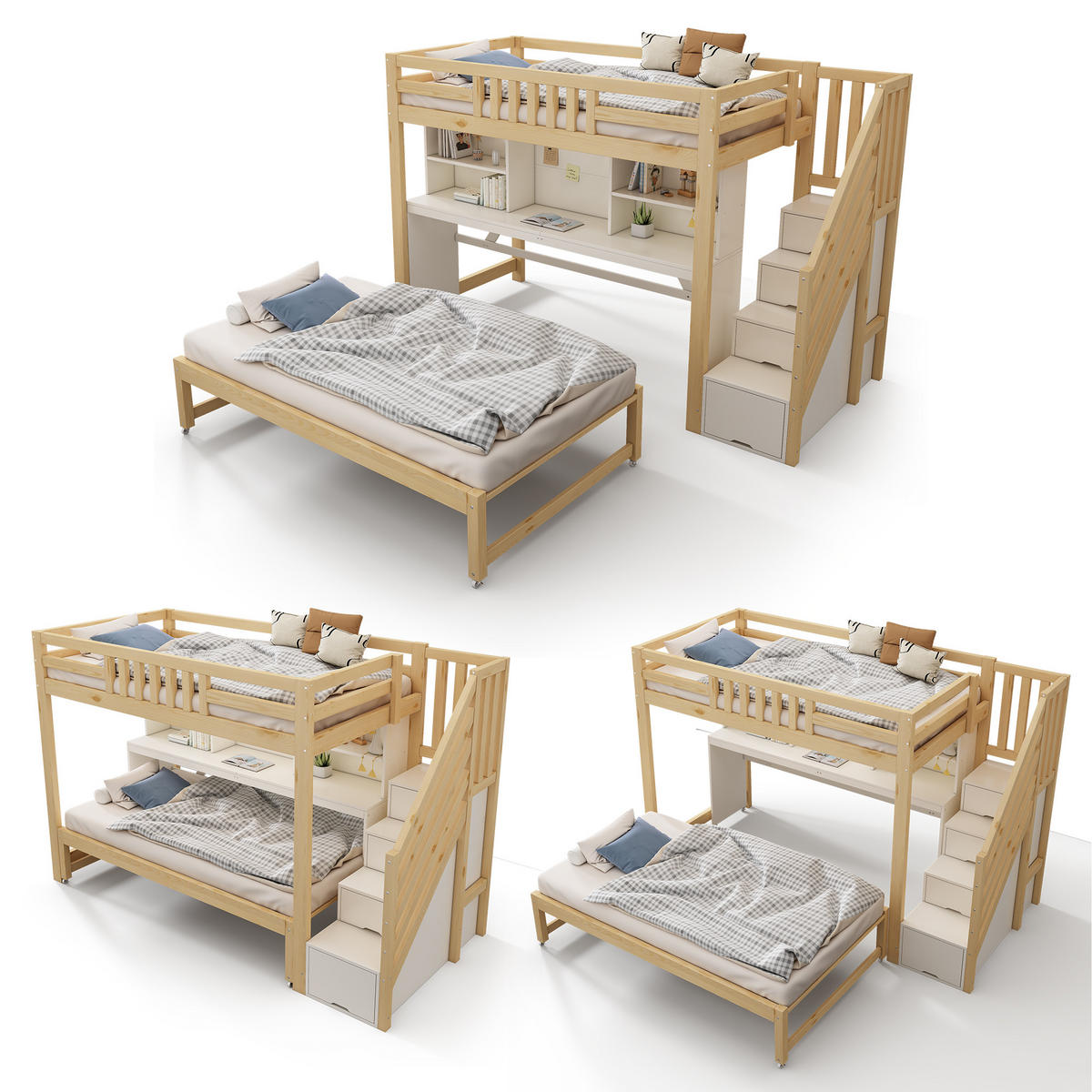 ETAGENBETT 90/190/200 cm mit Ausziehbett und Schreibtisch, DE-41563, in Weiß/Eiche - Eichefarben, Holzwerkstoff (90/200cm) - ComfortXL