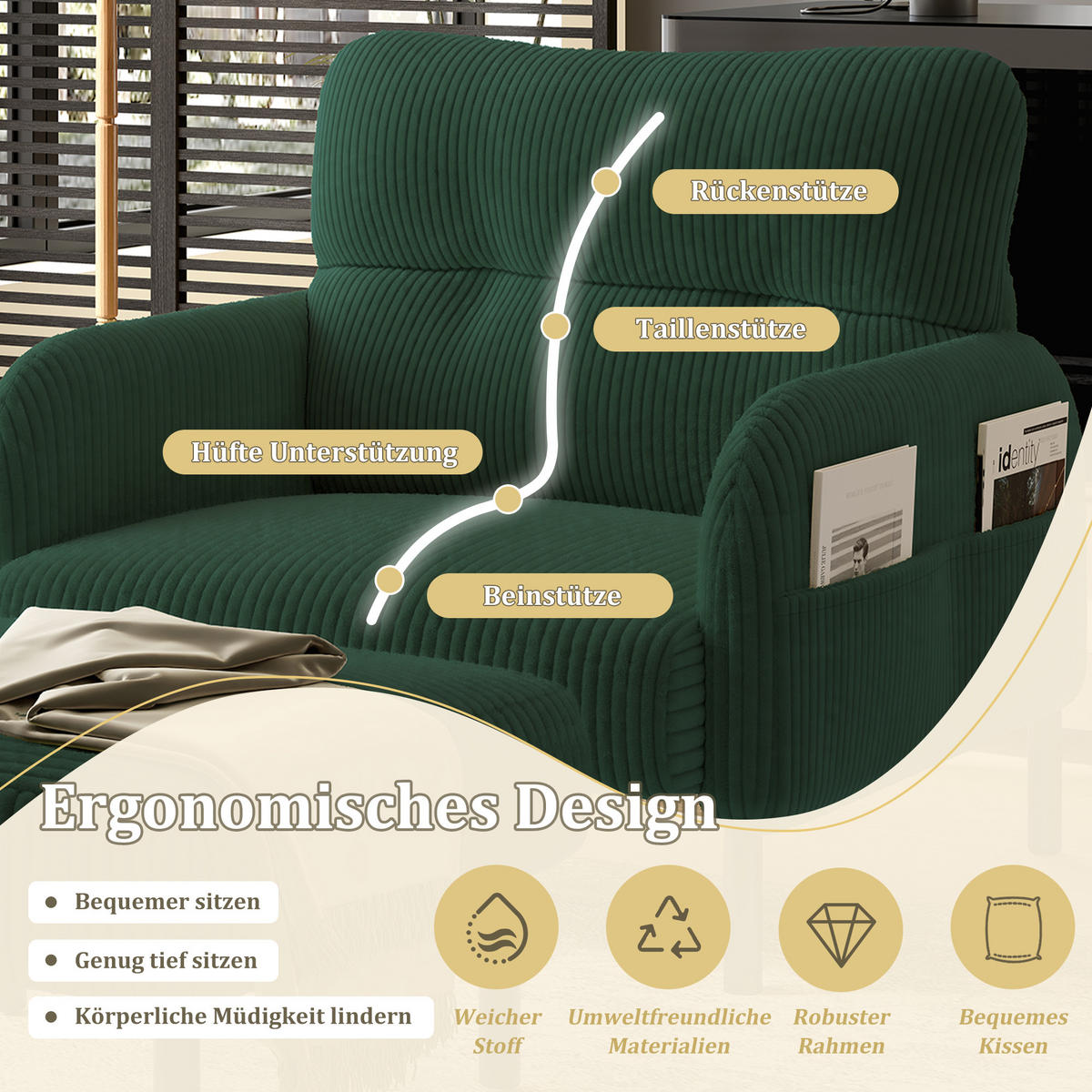 SESSEL Cord Smaragdgrün mit Seitentasche - Grün, Textil/Metall (67/79/75cm) - WISHDOR