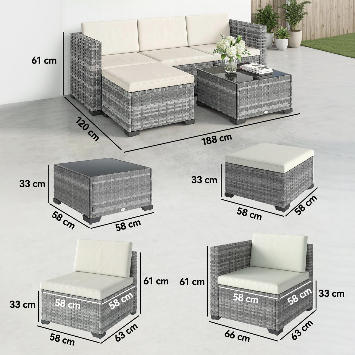 LOUNGEGARNITUR 5 TLG. aus PE-Rattan mit Kissen, Grau - Creme/Schwarz, Glas/Kunststoff - Outsunny