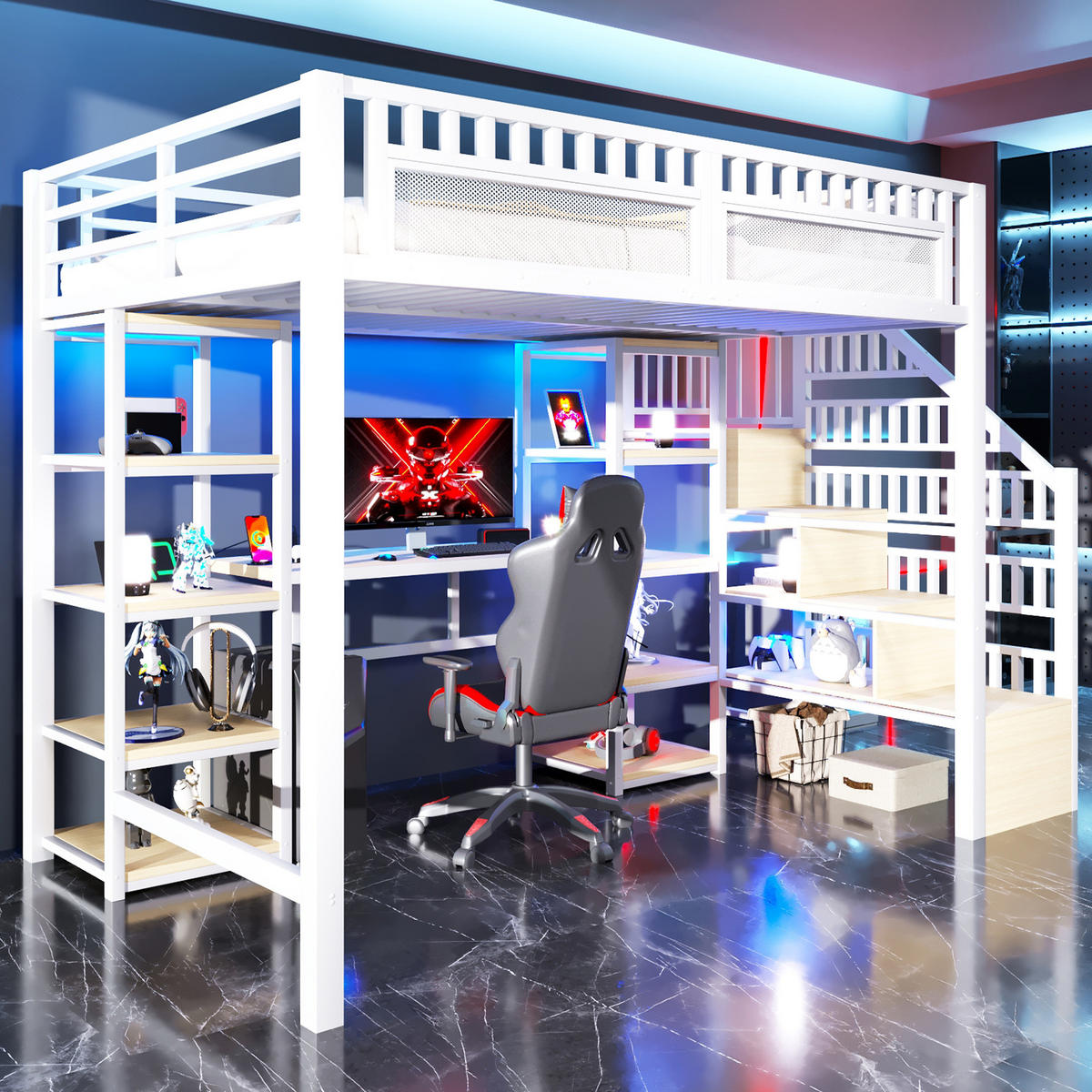 HOCHBETT 140x200cm Weiß Mit Schreibtisch USB & LED - Weiß, Metall - FLIEKS