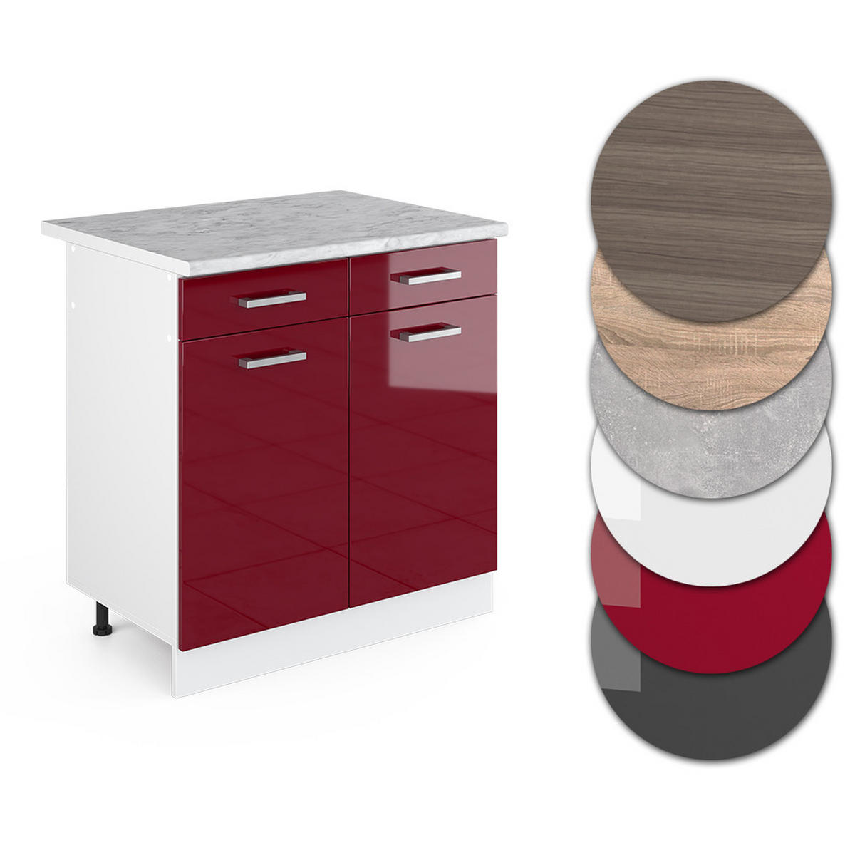 KÜCHENUNTERSCHRANK R-Line Rot Hochglanz 80 cm , AP Marmor - Rot/Weiß, Holzwerkstoff (80/81.6/60cm) - Vicco