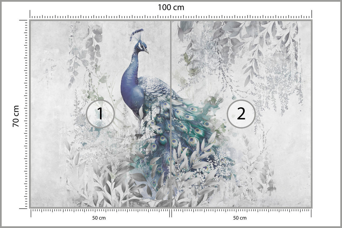 FOTOTAPETE für Schlafzimmer Abstrakte Vogel Pfau Beton Blätter 100x70 - Türkis/Blau, Papier (100/70cm) - Muralo